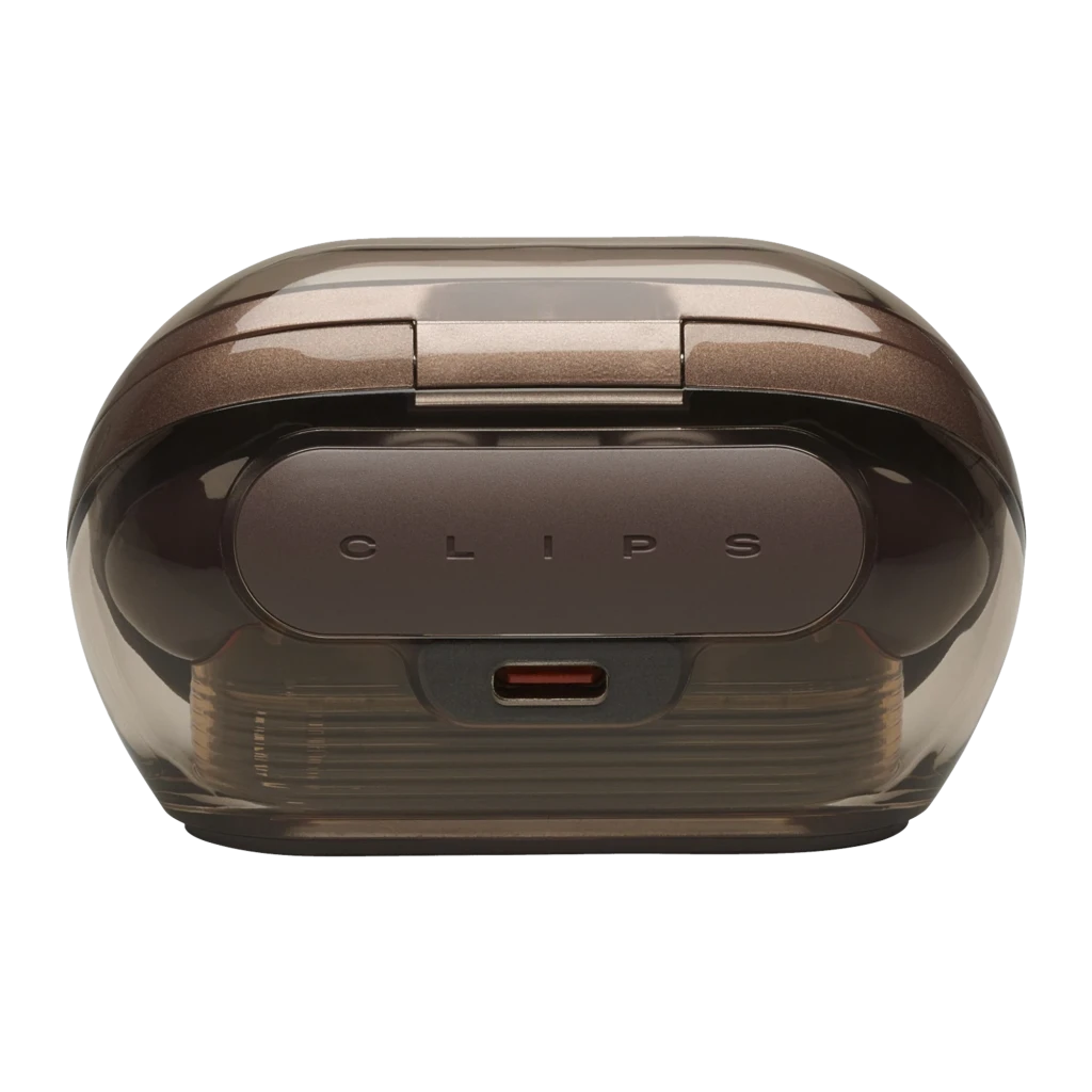 JBL Soundgear Clips Cobre, vista frontal: estuche abierto con ambos auriculares dentro y LED en la base - Ítem1