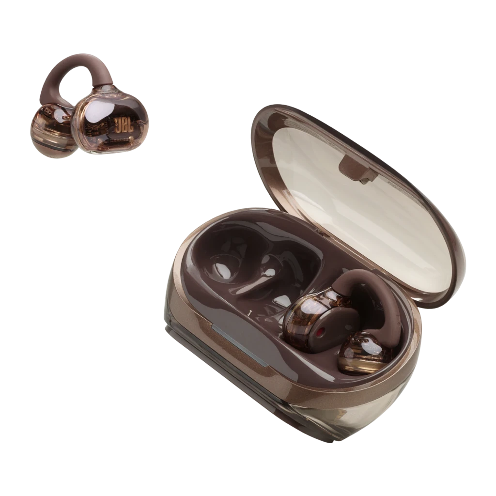 JBL Soundgear Clips Cobre, vista frontal: estuche abierto con ambos auriculares dentro y LED en la base - Ítem2