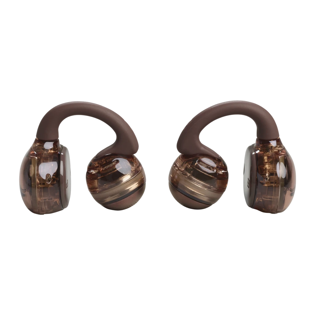 JBL Soundgear Clips Cobre, vista frontal: estuche abierto con ambos auriculares dentro y LED en la base - Ítem3