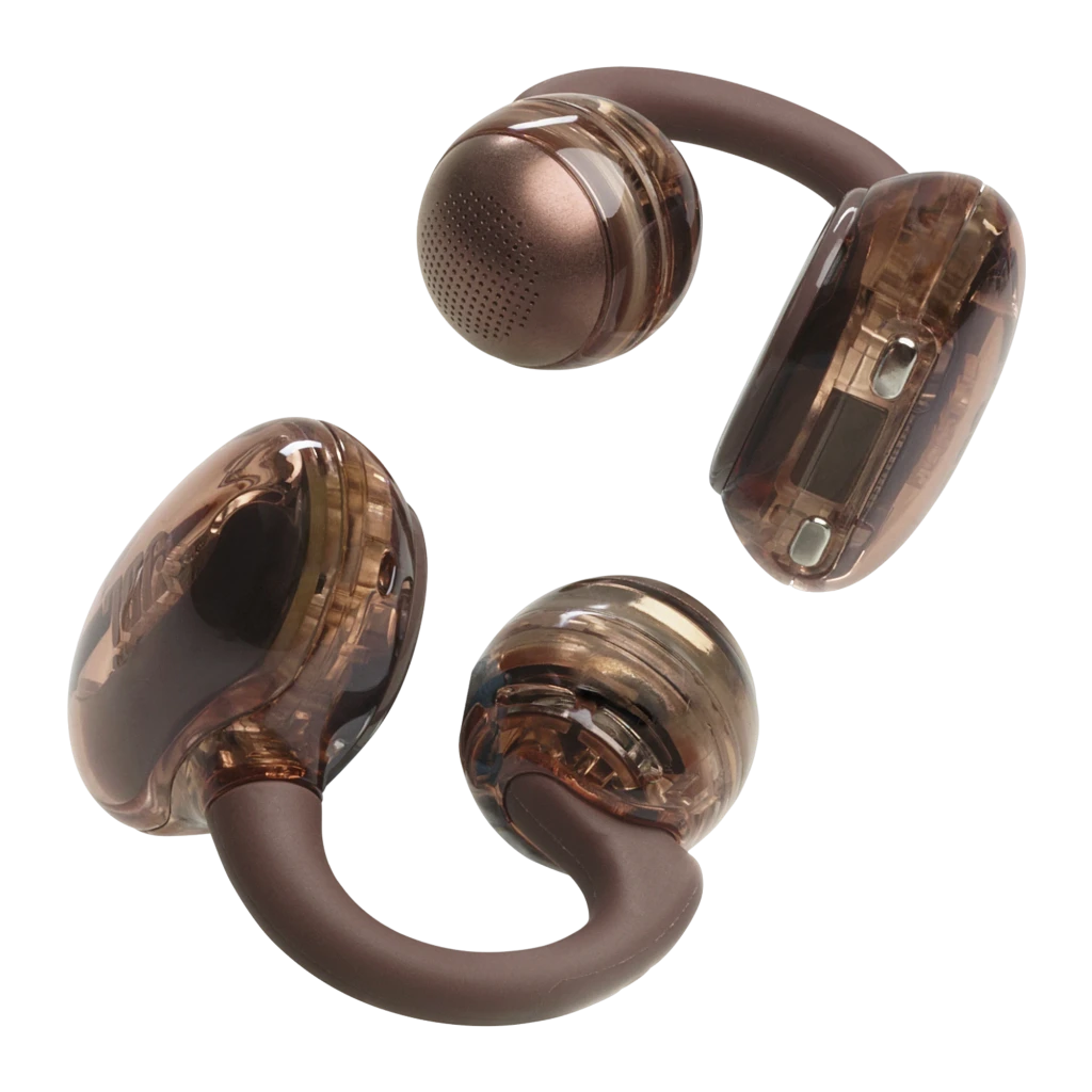 JBL Soundgear Clips Cobre, vista frontal: estuche abierto con ambos auriculares dentro y LED en la base - Ítem4