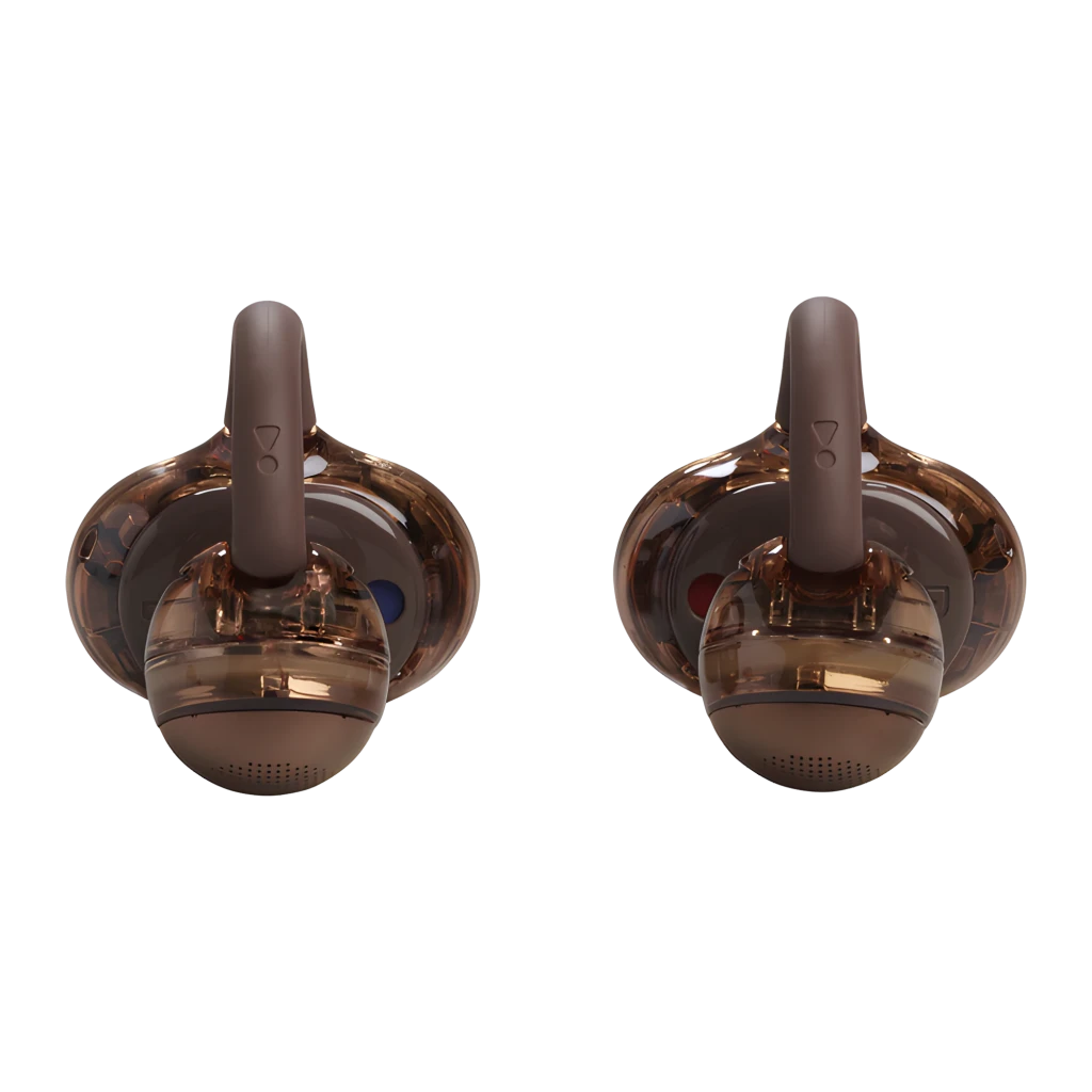 JBL Soundgear Clips Cobre, vista frontal: estuche abierto con ambos auriculares dentro y LED en la base - Ítem5