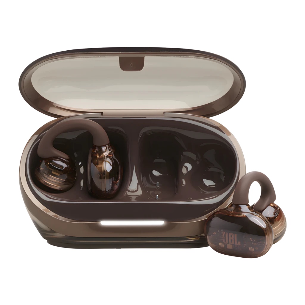 JBL Soundgear Clips Cobre, vista frontal: estuche abierto con ambos auriculares dentro y LED en la base - Ítem6