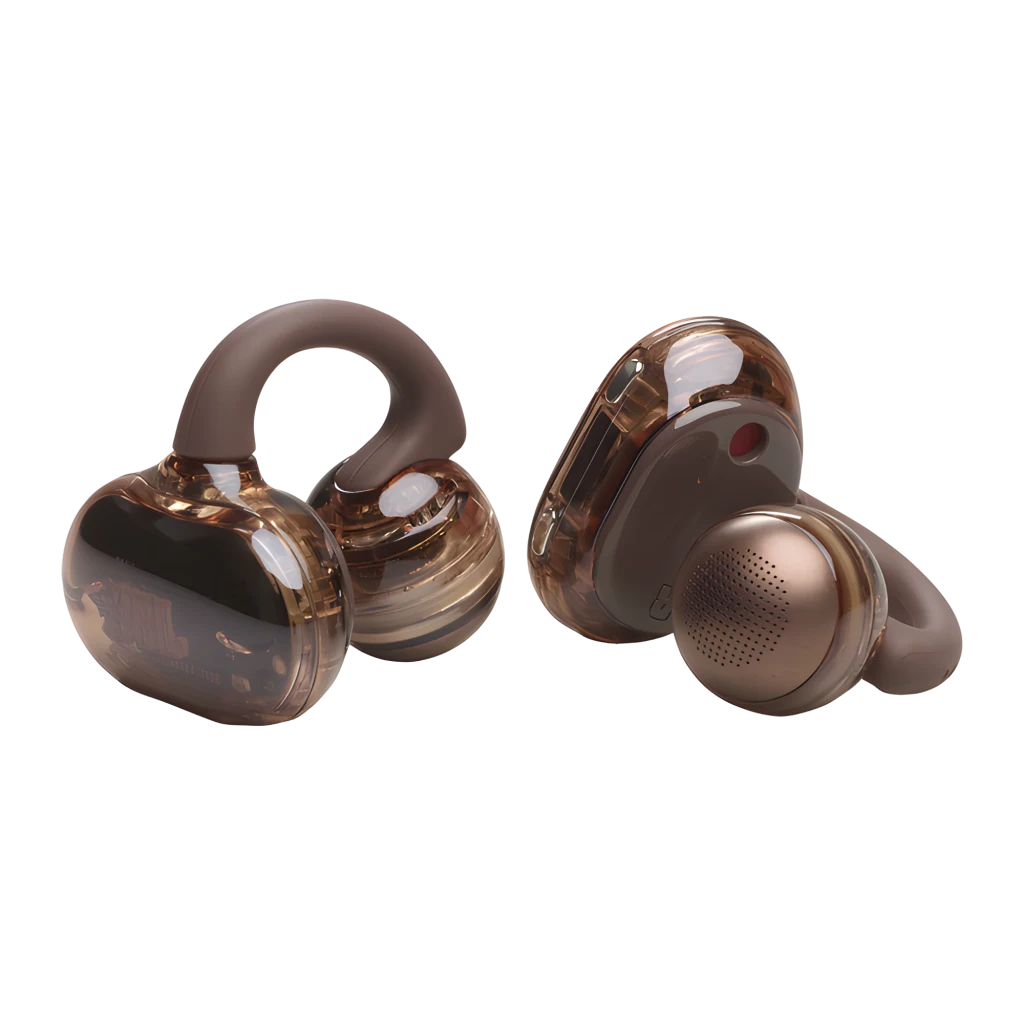 JBL Soundgear Clips Cobre, vista frontal: estuche abierto con ambos auriculares dentro y LED en la base - Ítem7