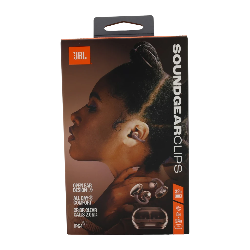 JBL Soundgear Clips Cobre, vista frontal: estuche abierto con ambos auriculares dentro y LED en la base - Ítem8