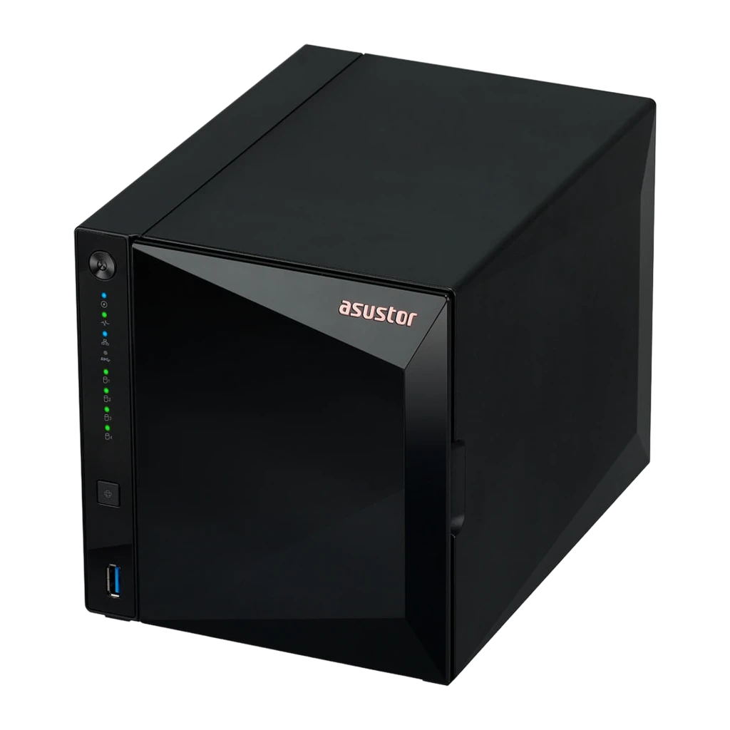 Asustor Drivestor 4 Pro Gen2 NAS 4-Bay negro, vista frontal lateral baja: LEDs verdes, botón USB-A 3.0 y logo cobre - Ítem1