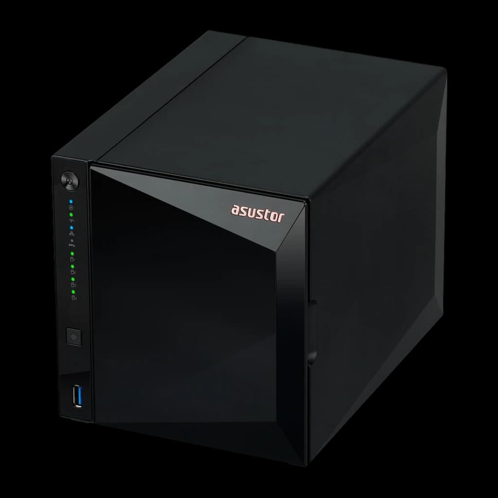 Asustor Drivestor 4 Pro Gen2 NAS 4-Bay noir, vue avant latérale haute: façade brillante, LEDs et port USB-A 3.0