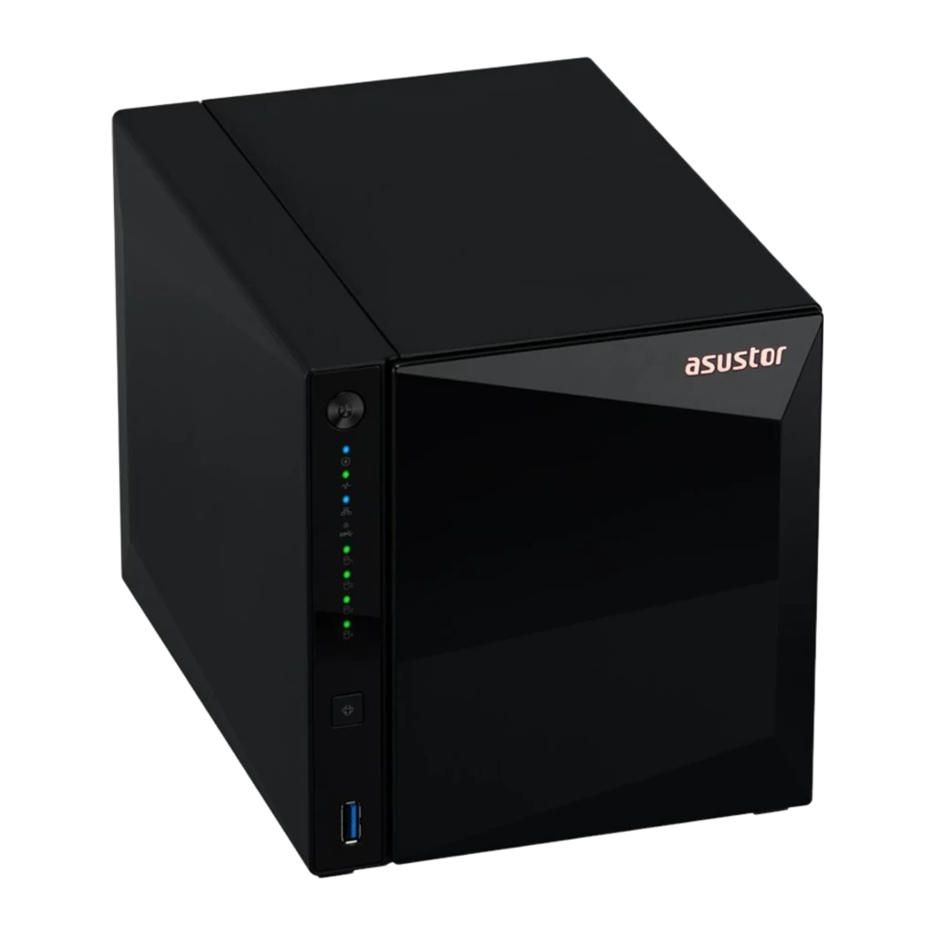 Asustor Drivestor 4 Pro Gen2 NAS 4-Bay negro, vista frontal lateral baja: LEDs verdes, botón USB-A 3.0 y logo cobre - Ítem2