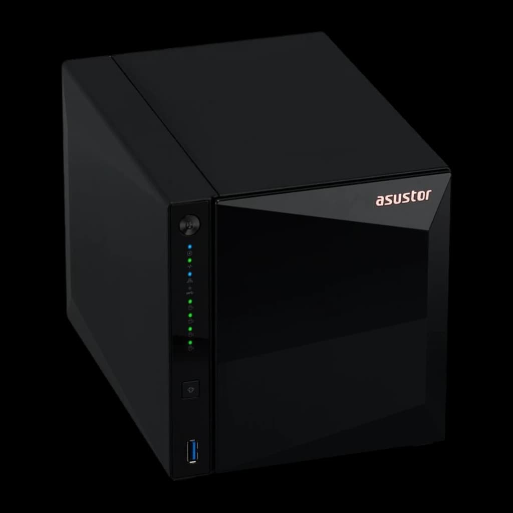 Asustor Drivestor 4 Pro Gen2 NAS 4-Bay noir, vue avant surélevée: dessus mat visible, LEDs et port USB-A 3.0