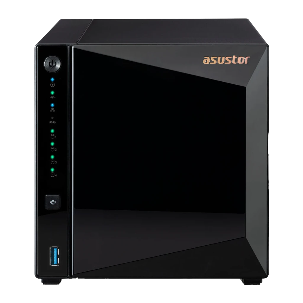 Asustor Drivestor 4 Pro Gen2 NAS 4-Bay negro, vista frontal lateral baja: LEDs verdes, botón USB-A 3.0 y logo cobre - Ítem3