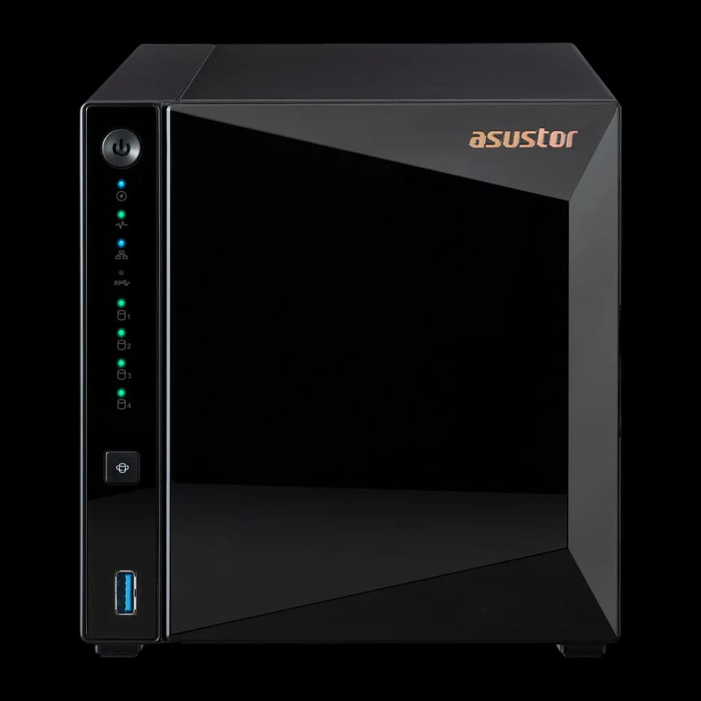 Asustor Drivestor 4 Pro Gen2 NAS noir, vue avant: châssis brillant, LEDs indicateurs, bouton USB et port USB 3.0