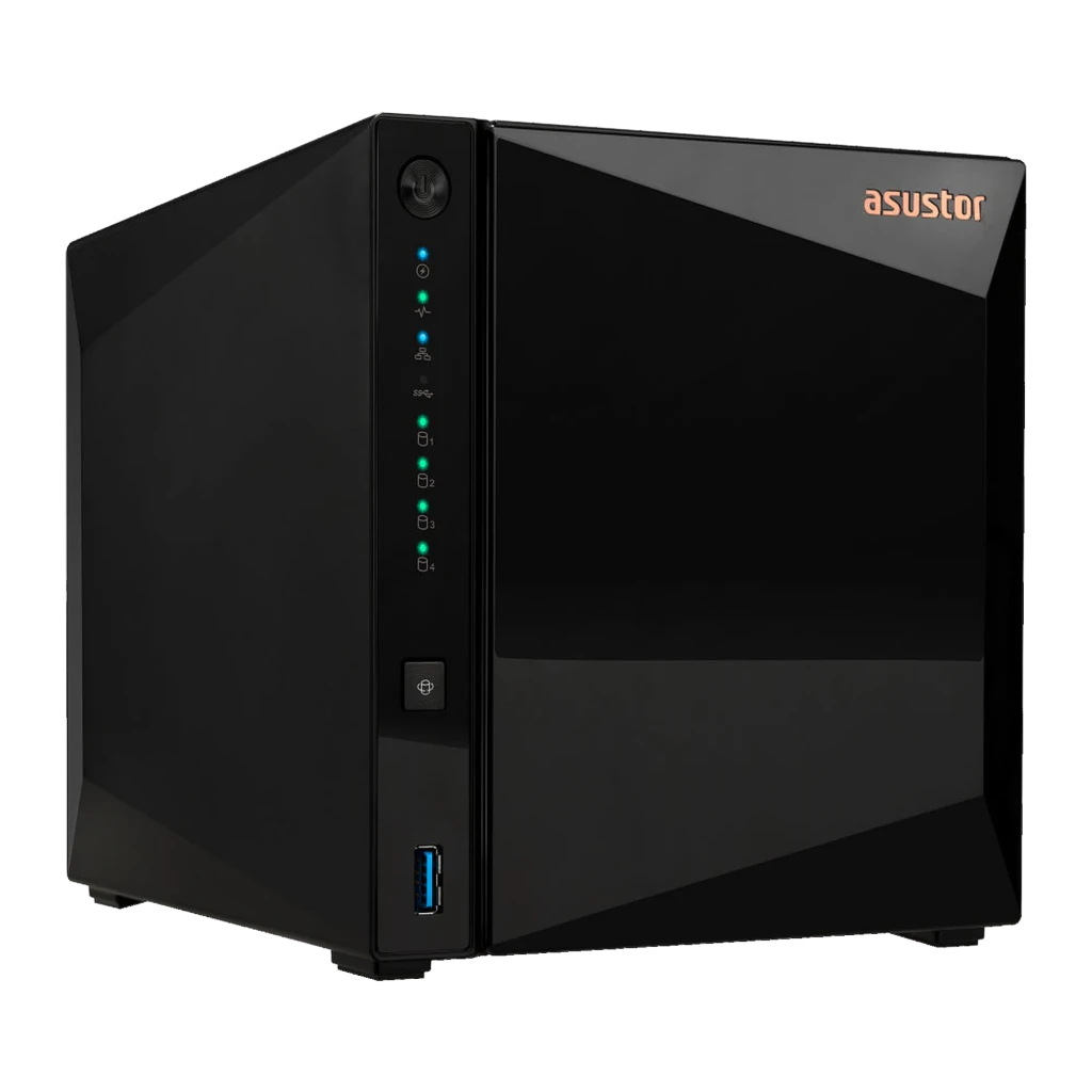 Asustor Drivestor 4 Pro Gen2 NAS 4-Bay negro, vista frontal lateral baja: LEDs verdes, botón USB-A 3.0 y logo cobre - Ítem4