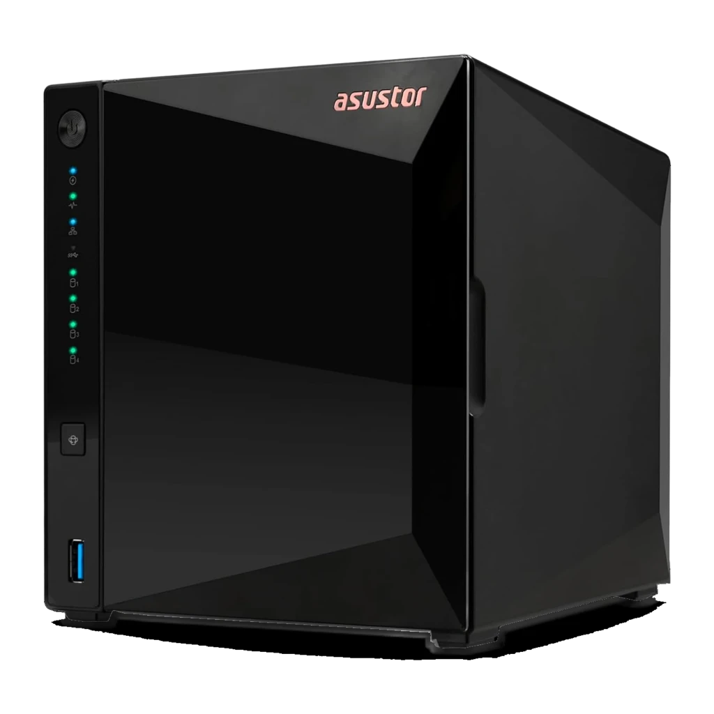 Asustor Drivestor 4 Pro Gen2 NAS 4-Bay negro, vista frontal lateral baja: LEDs verdes, botón USB-A 3.0 y logo cobre - Ítem5