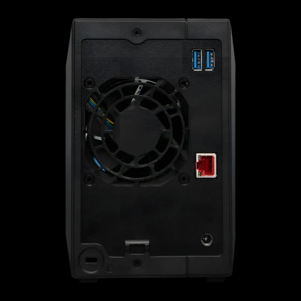 Asustor Drivestor 4 Pro Gen2 NAS noir, vue arrière: ventilateur central, 2 ports USB 3.0 bleus et port RJ45 rouge