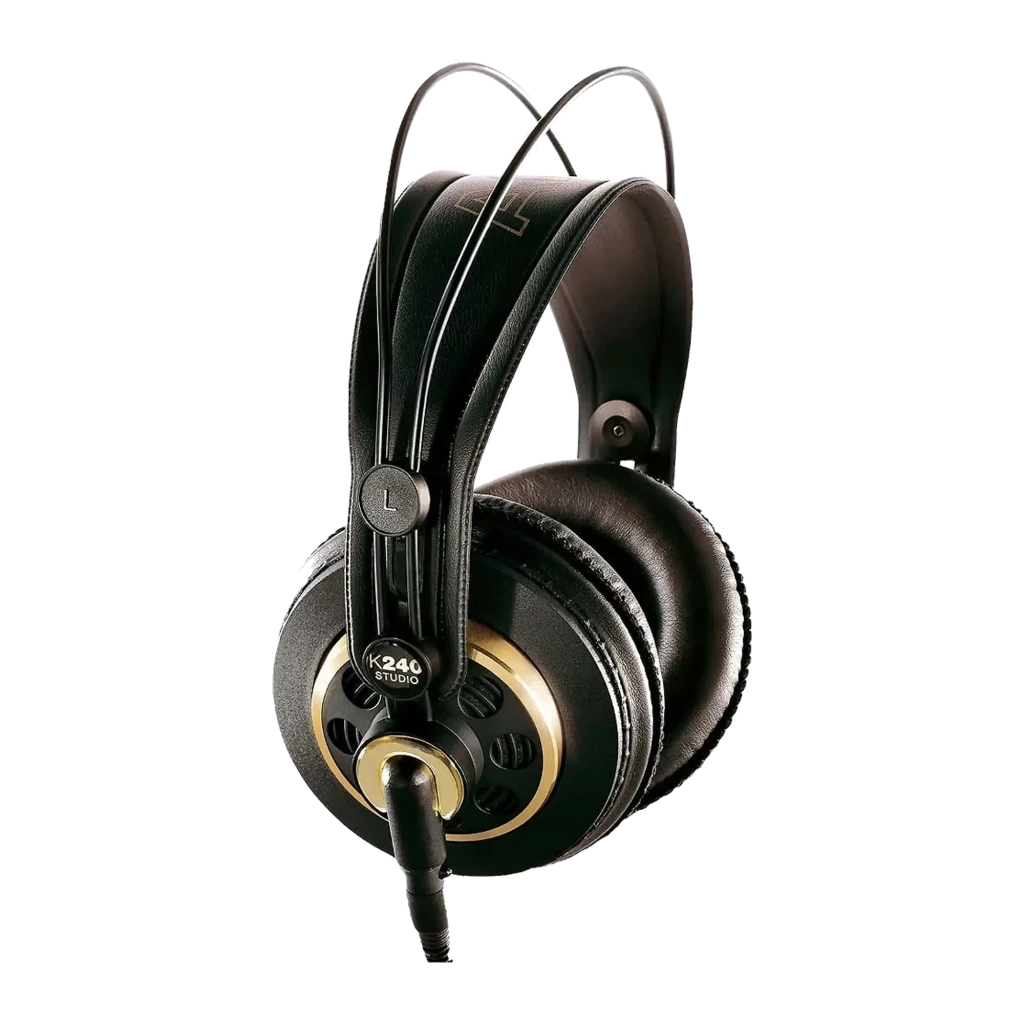 AKG K240 Studio noir, vue latérale gauche: logo K240 Studio doré, repère L et câble avec connecteur - Ítem3