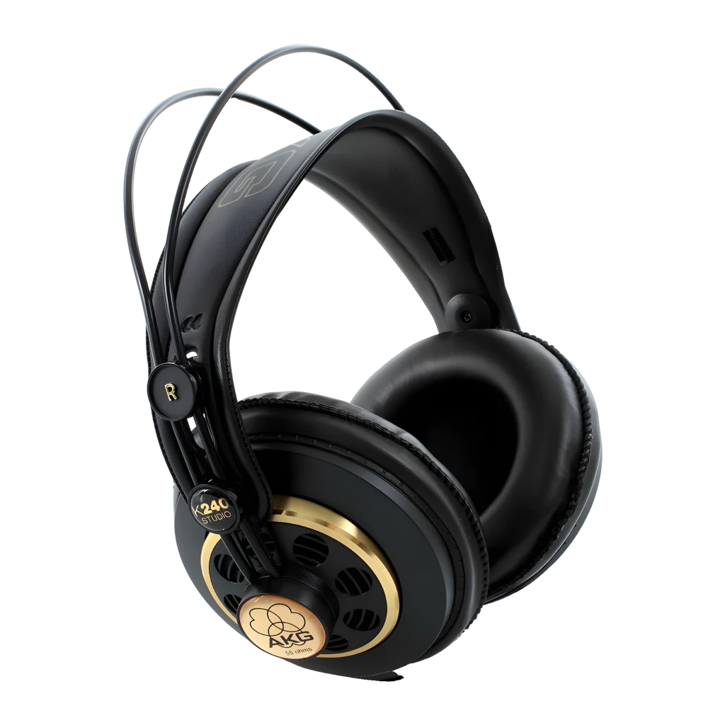 AKG K240 Studio noir, vue latérale gauche: logo K240 Studio doré, repère L et câble avec connecteur - Ítem6