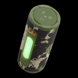 JBL Enceinte Bluetooth Grip Squad camouflage, vue supérieure en angle: boutons du dessus visibles et poignée GRIP illuminée