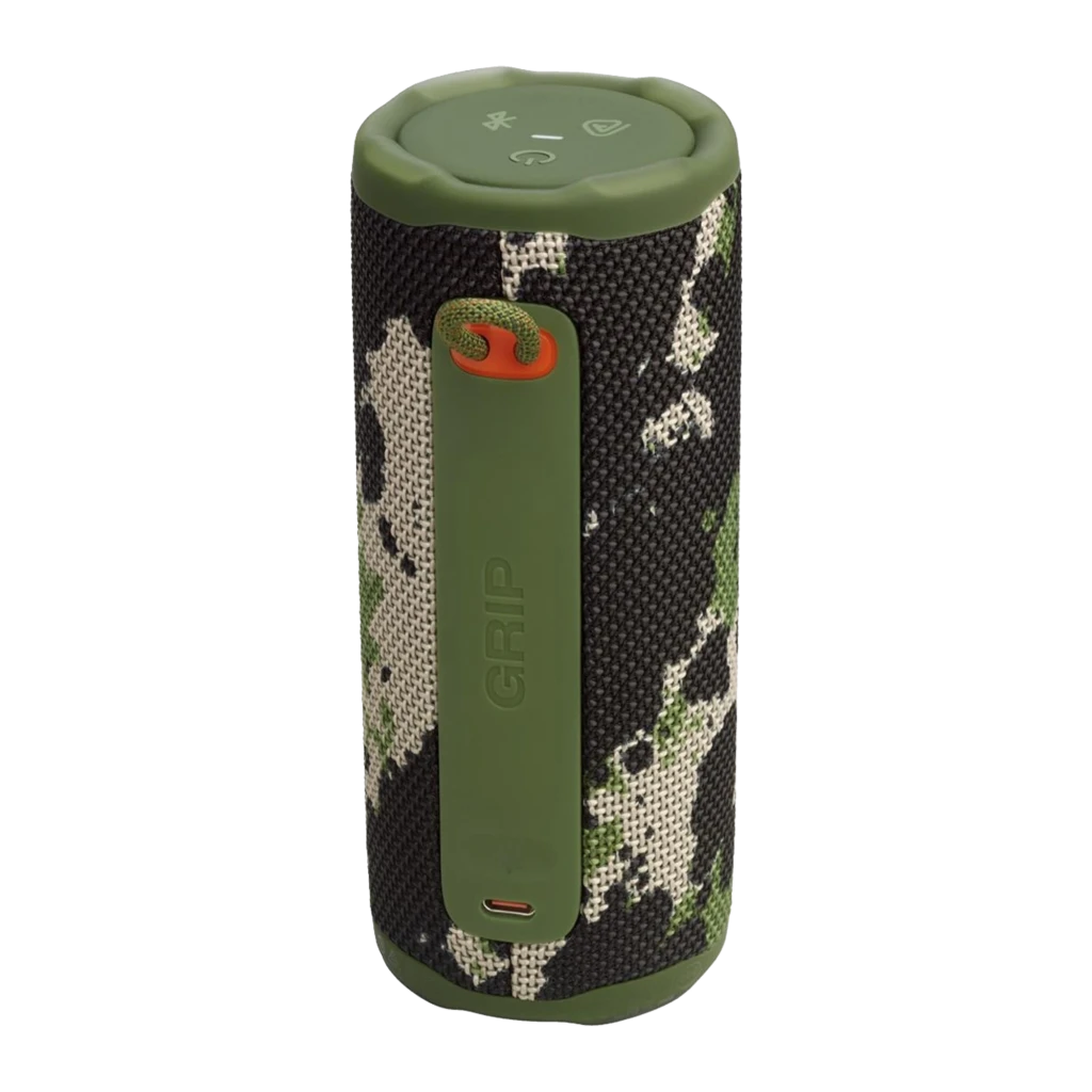 JBL Coluna Bluetooth Grip Squad camuflagem, vista superior em ângulo: botões superiores visíveis e alça GRIP iluminada a - Item1