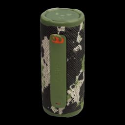 JBL Enceinte Bluetooth Grip Squad camouflage, vue avant: tissu camouflage, poignée GRIP verte et mousqueton orange