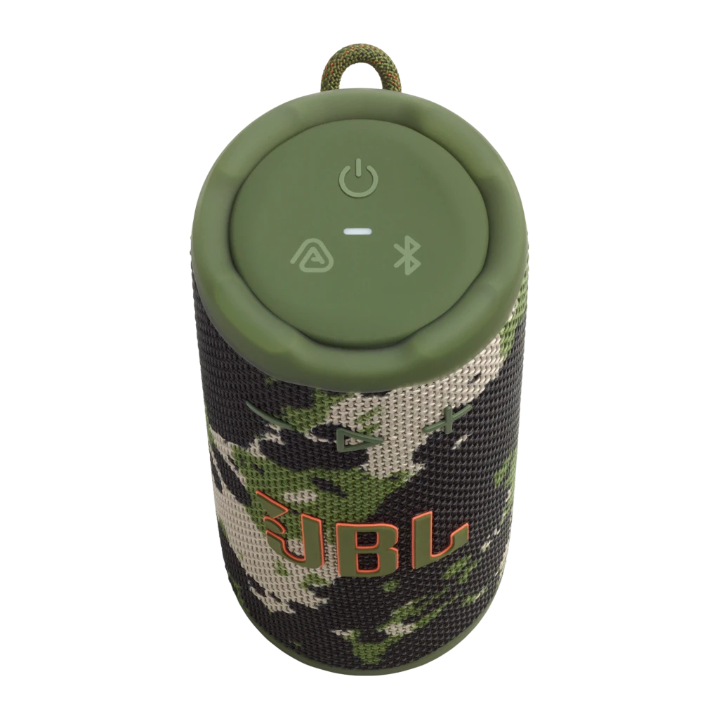 JBL Coluna Bluetooth Grip Squad camuflagem, vista superior em ângulo: botões superiores visíveis e alça GRIP iluminada a - Item2
