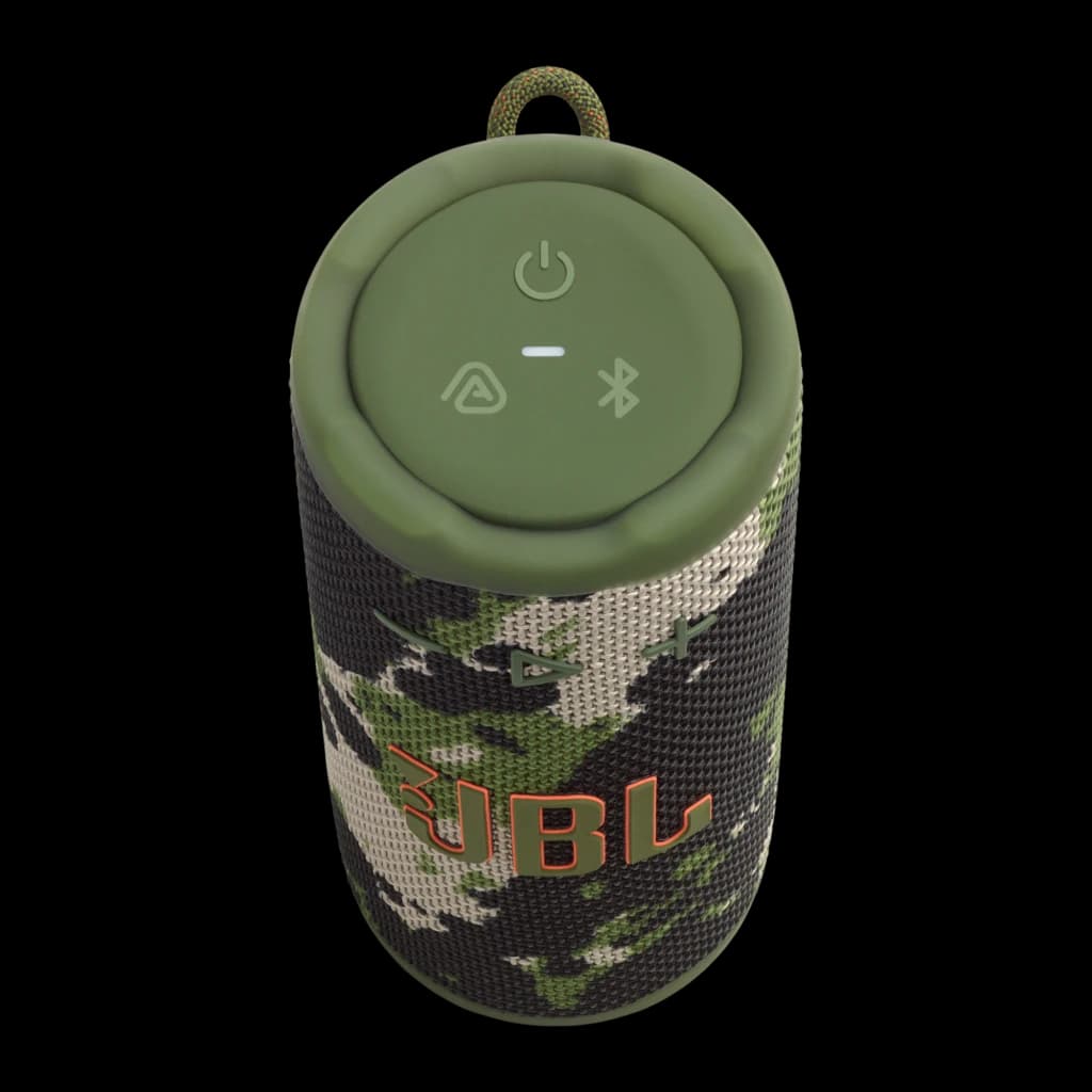 JBL Enceinte Bluetooth Grip Squad Squad, vue supérieure en angle: capot vert avec boutons marche et Bluetooth, grille