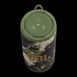 JBL Enceinte Bluetooth Grip Squad Squad, vue supérieure en angle: capot vert avec boutons marche et Bluetooth, grille