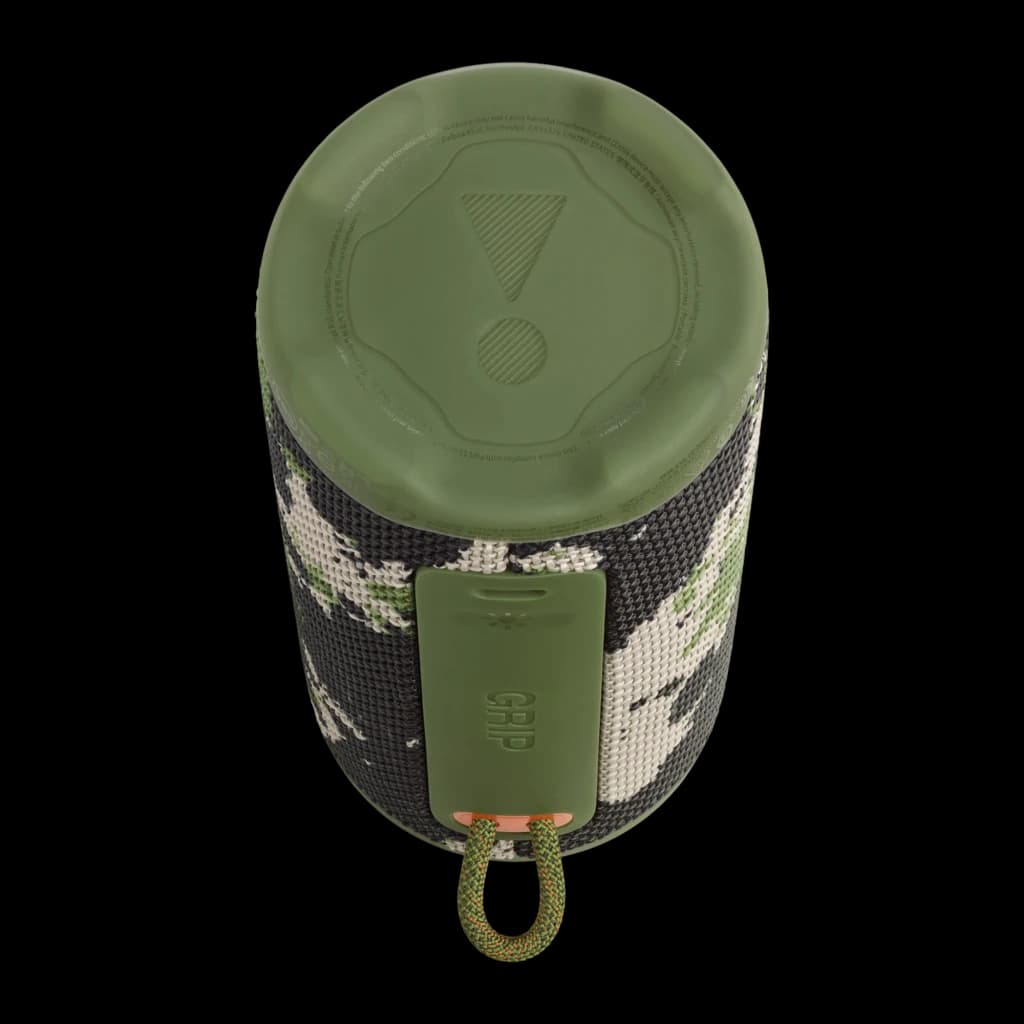 JBL Grip Squad camouflage, vue du dessus: capuchon caoutchouc vert, tissu camo, clip et cordon de transport