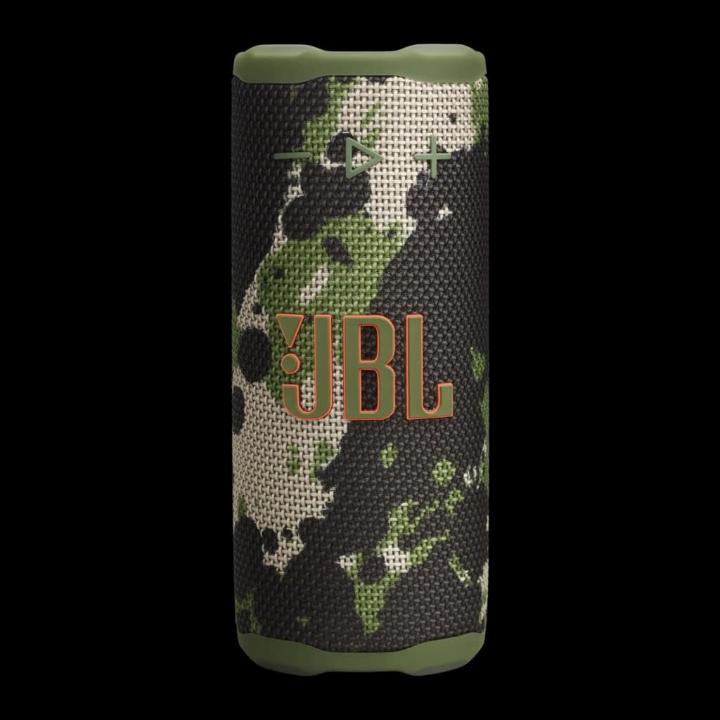 JBL Enceinte Bluetooth Grip Squad Squad, vue avant: tissu camouflage vert avec logo JBL orange et boutons supérieurs