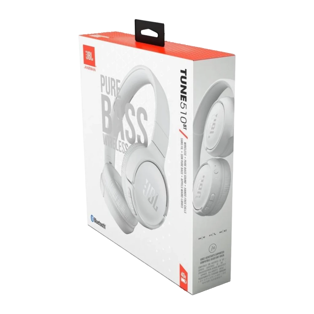 JBL Tune 510BT Sans Fil Blanc, vue latérale: logo JBL sur l'oreillette droite et boutons de volume visibles - Ítem7