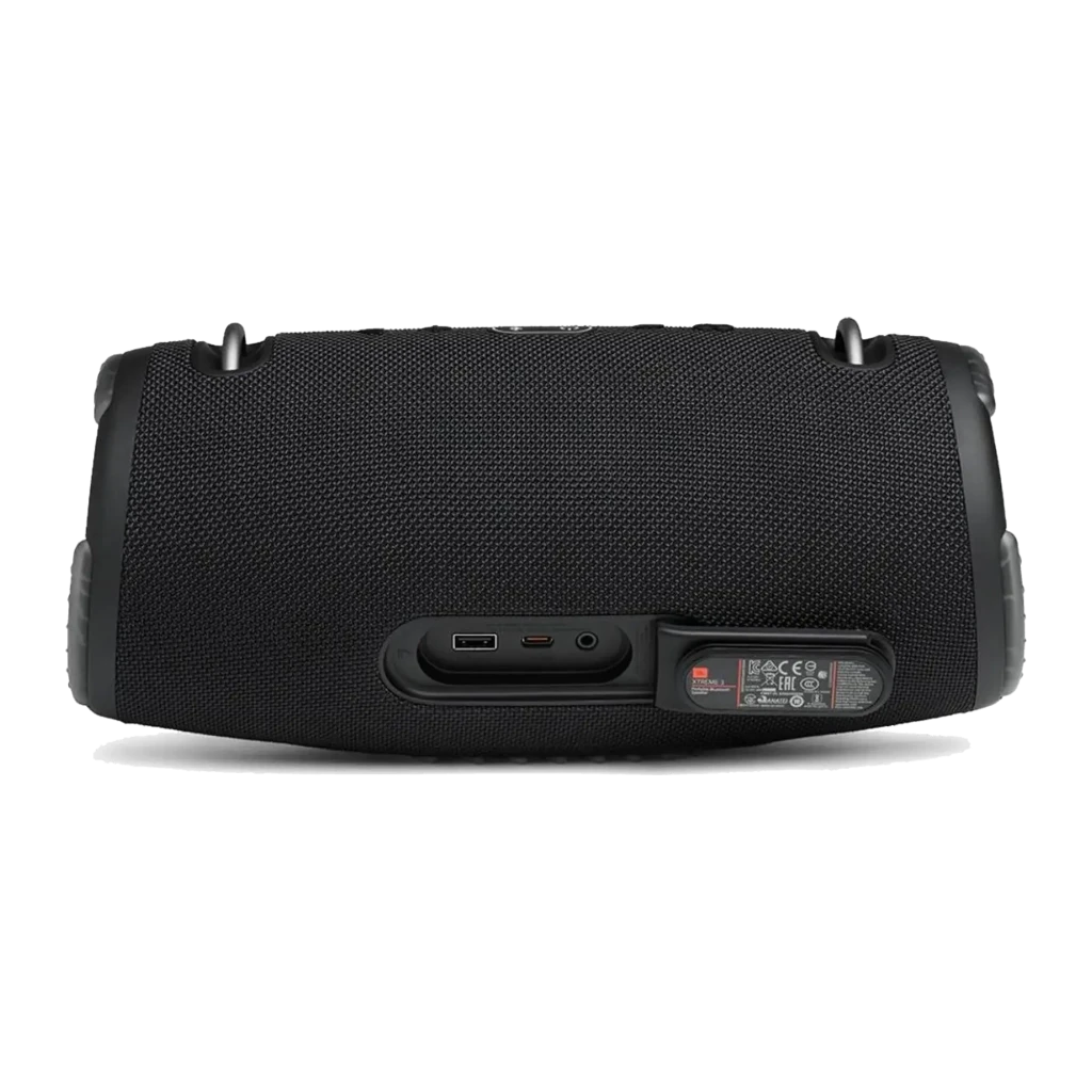 JBL Coluna Bluetooth Xtreme 3 preto, vista lateral em ângulo: grelha de tecido, logo JBL e ganchos metálicos laterais - Item2