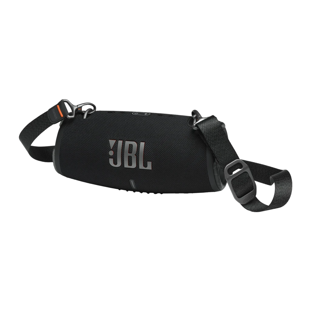 JBL Coluna Bluetooth Xtreme 3 preto, vista lateral em ângulo: grelha de tecido, logo JBL e ganchos metálicos laterais - Item4
