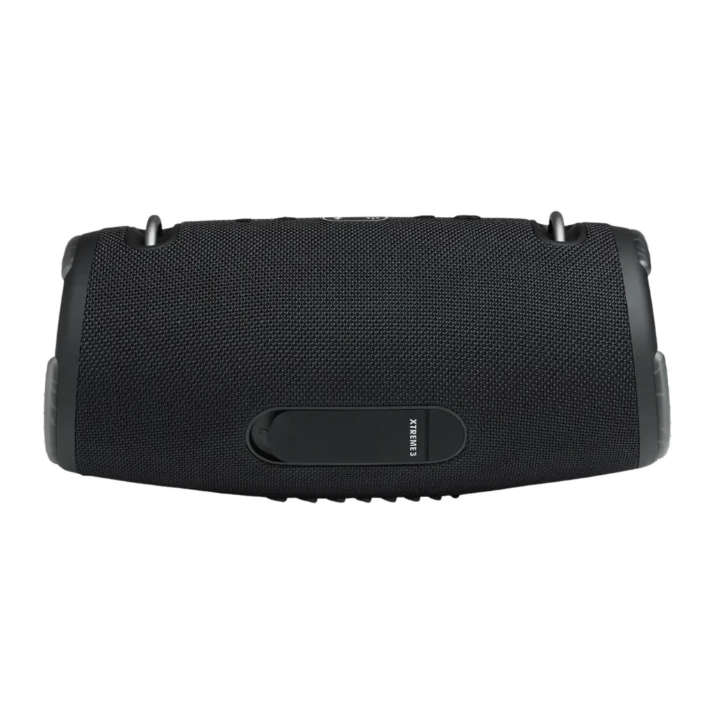 JBL Coluna Bluetooth Xtreme 3 preto, vista lateral em ângulo: grelha de tecido, logo JBL e ganchos metálicos laterais - Item1