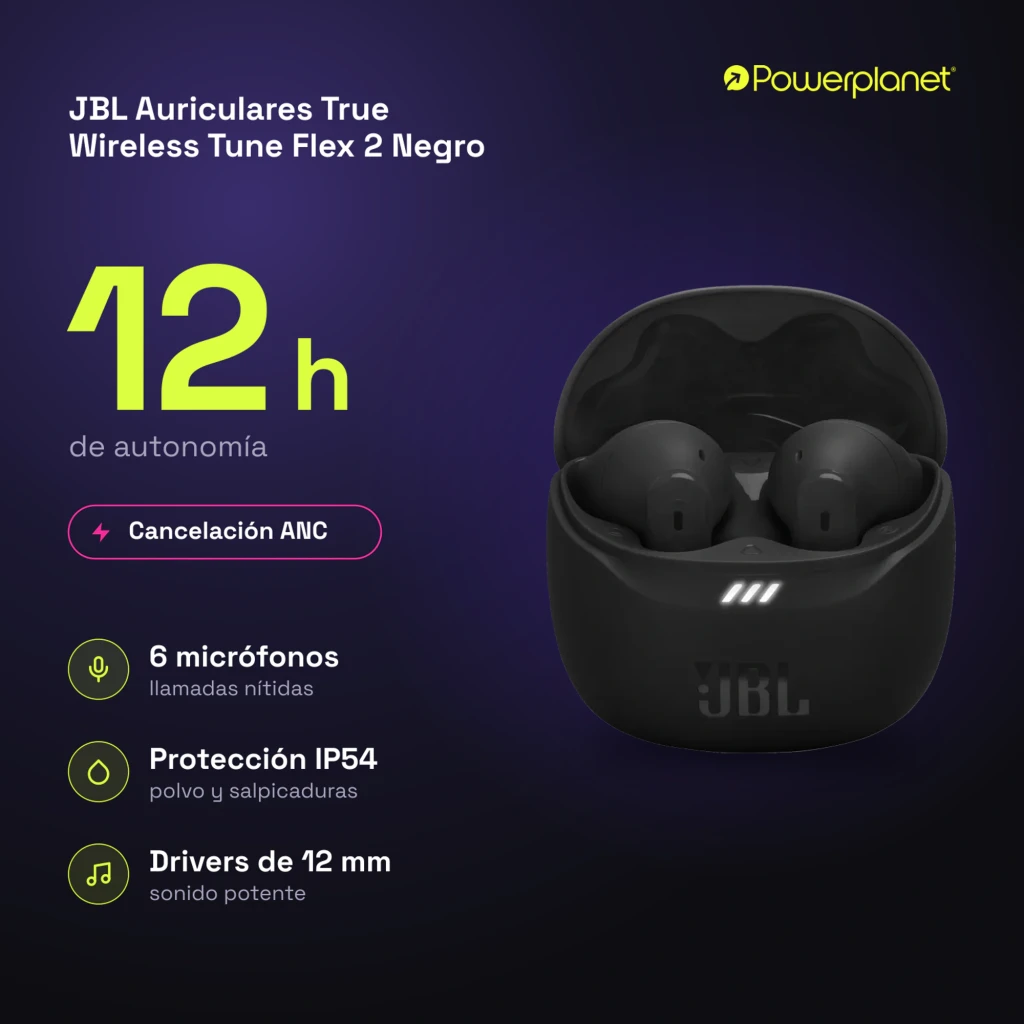 JBL Écouteurs True Wireless Tune Flex 2 noir, vue de face: étui ouvert avec écouteurs à l'intérieur et indicateur LED allumé - Ítem9