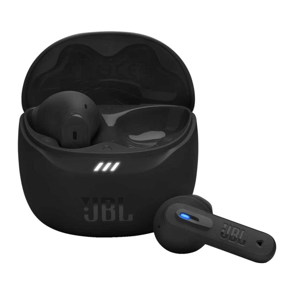 JBL Écouteurs True Wireless Tune Flex 2 noir, vue de face: étui ouvert avec écouteurs à l'intérieur et indicateur LED allumé - Ítem1