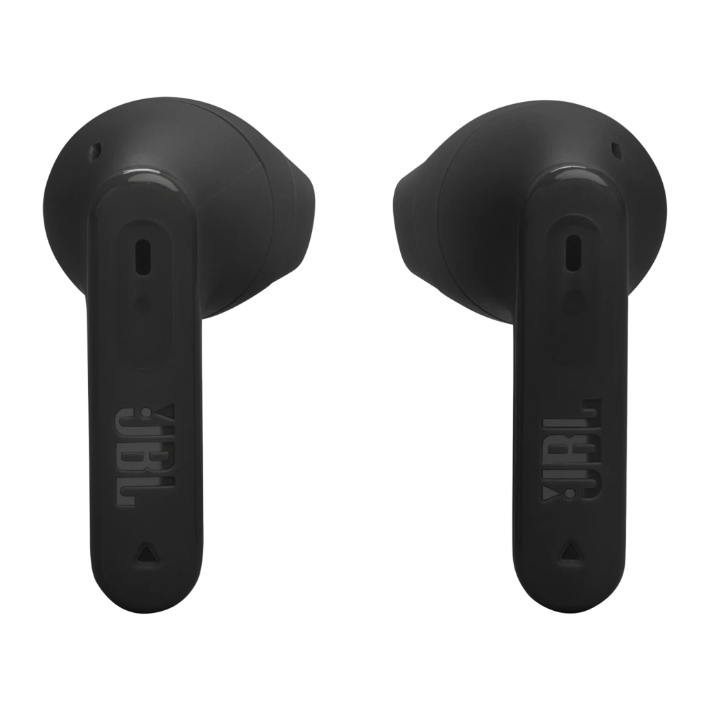 JBL Écouteurs True Wireless Tune Flex 2 noir, vue de face: étui ouvert avec écouteurs à l'intérieur et indicateur LED allumé - Ítem2