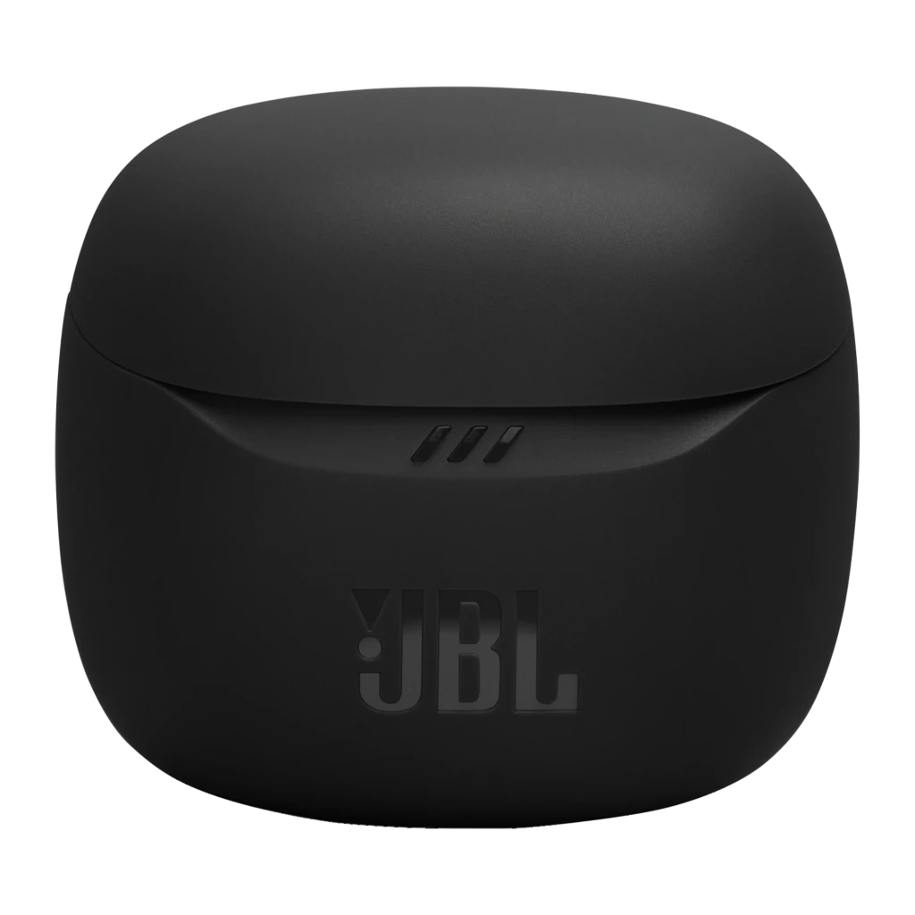 JBL Écouteurs True Wireless Tune Flex 2 noir, vue de face: étui ouvert avec écouteurs à l'intérieur et indicateur LED allumé - Ítem3