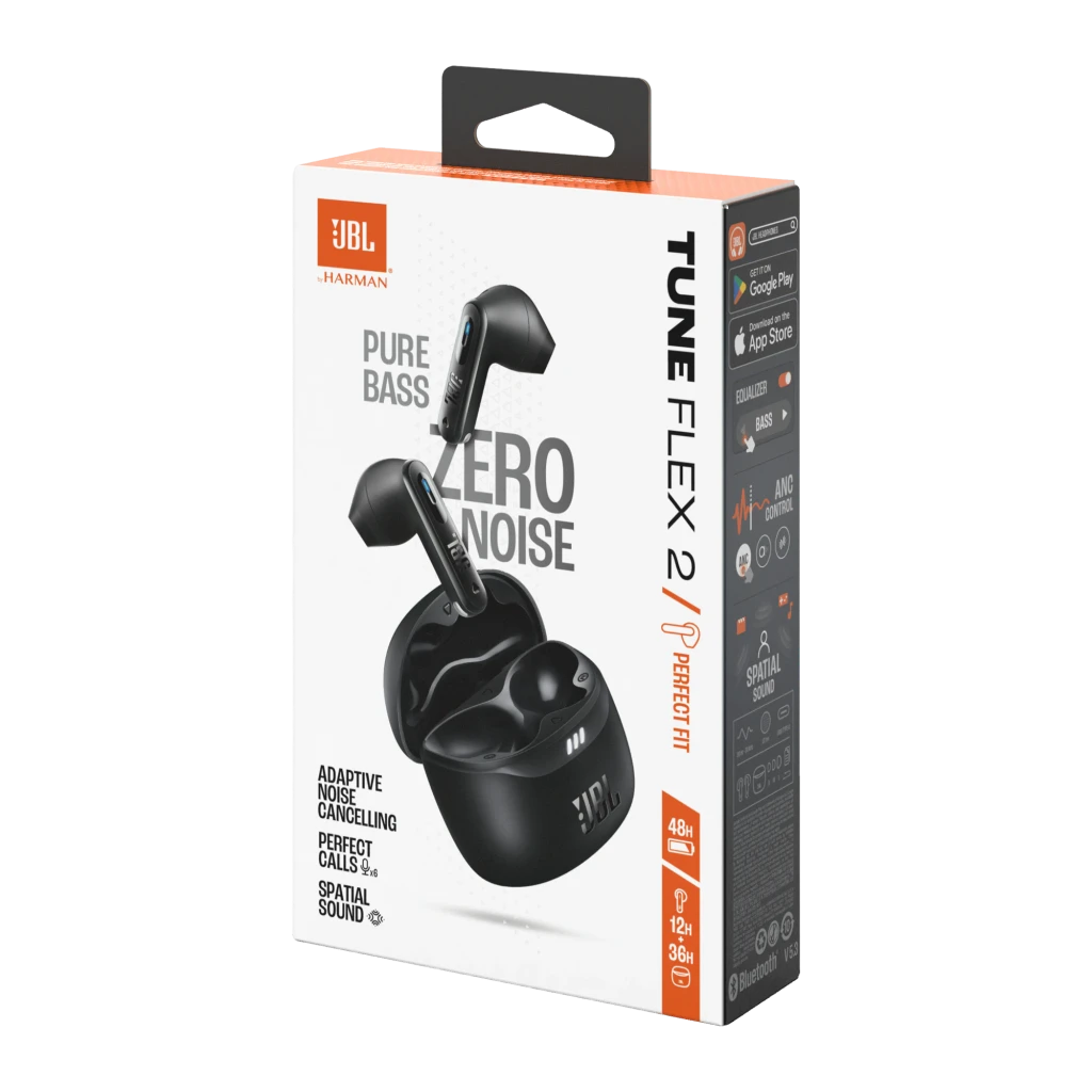 JBL Écouteurs True Wireless Tune Flex 2 noir, vue de face: étui ouvert avec écouteurs à l'intérieur et indicateur LED allumé - Ítem6