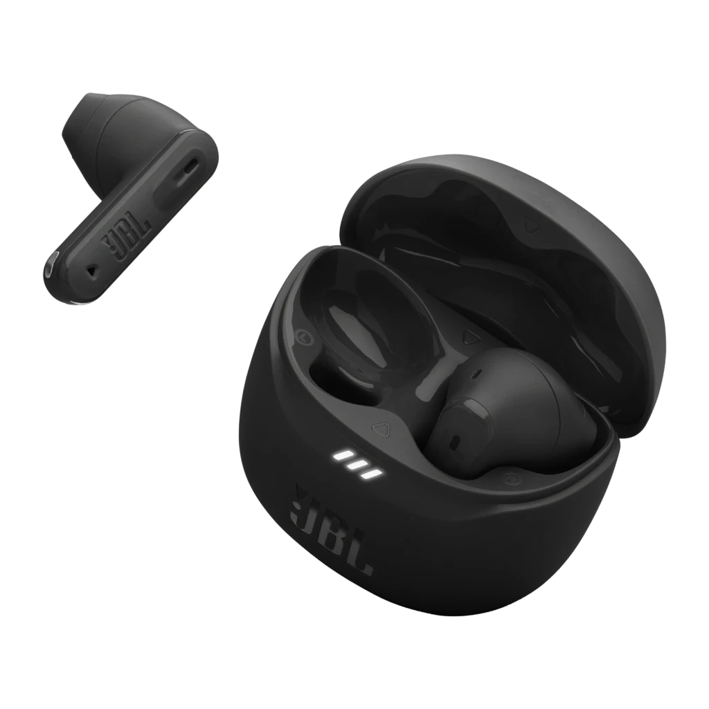 JBL Écouteurs True Wireless Tune Flex 2 noir, vue de face: étui ouvert avec écouteurs à l'intérieur et indicateur LED allumé - Ítem7