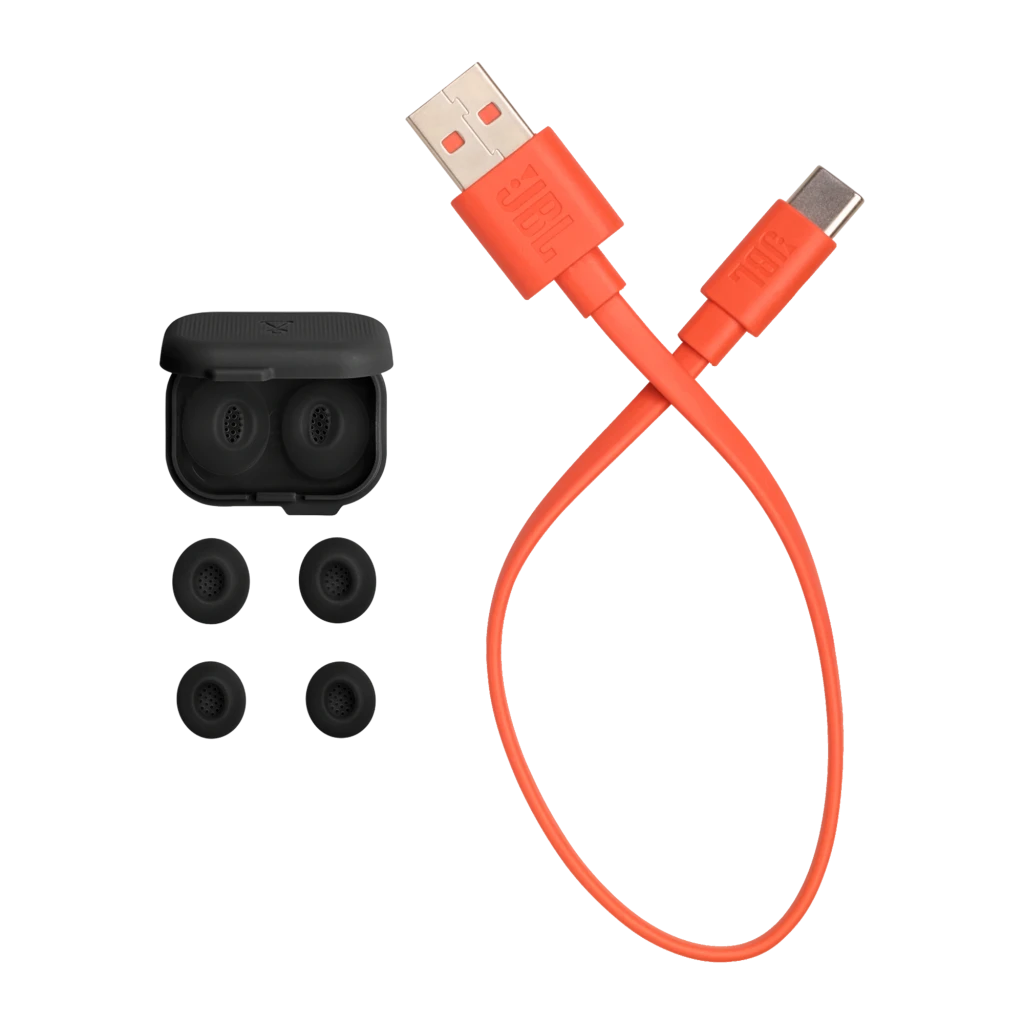 JBL Écouteurs True Wireless Tune Flex 2 noir, vue de face: étui ouvert avec écouteurs à l'intérieur et indicateur LED allumé - Ítem8