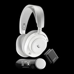 SteelSeries Arctis Nova Pro Omni branco, vista conjunto: headset, base misturadora e bateria sobressalente em fundo preto