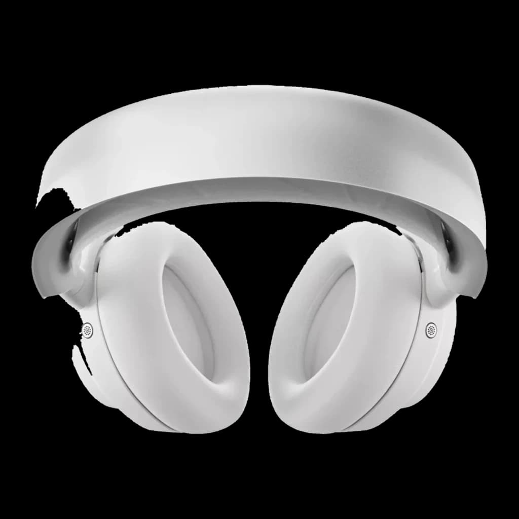 SteelSeries Arctis Nova Pro Omni branco, vista frontal: headset completo com almofadas e arco prateado visíveis