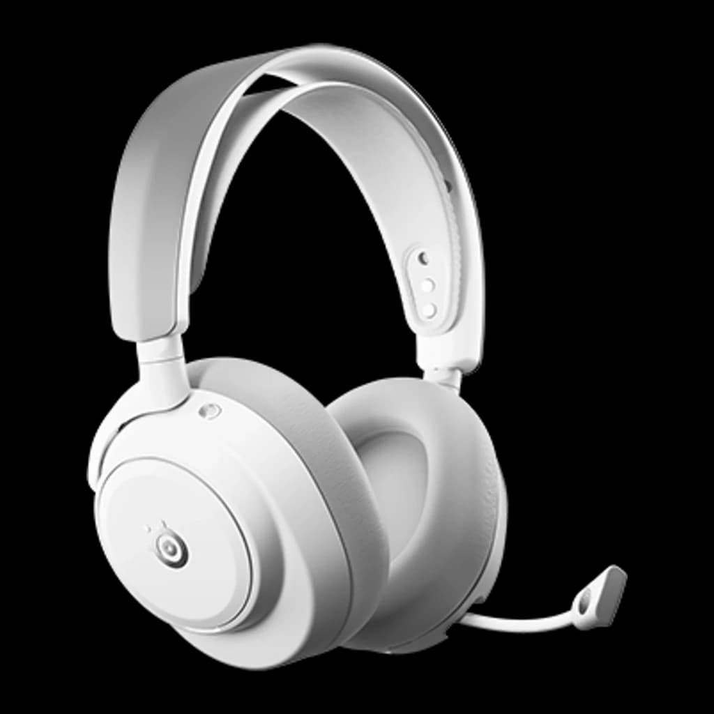 SteelSeries Arctis Nova Pro Omni branco, vista lateral: headset com arco acolchoado, logo e microfone retrátil visível