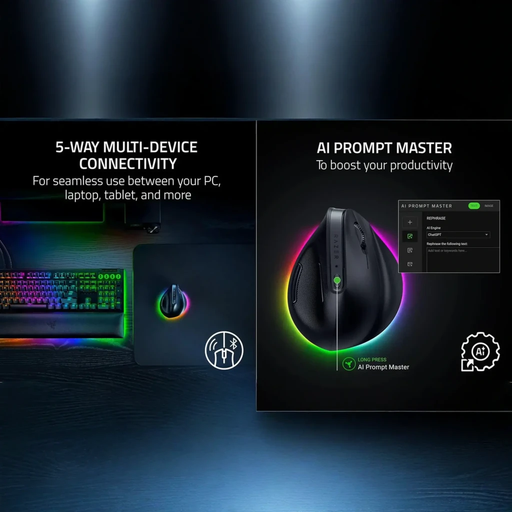 Razer Pro Click V2 Vertical Preto, vista lateral: design ergonómico vertical, roda de scroll e luz RGB na base - Item10