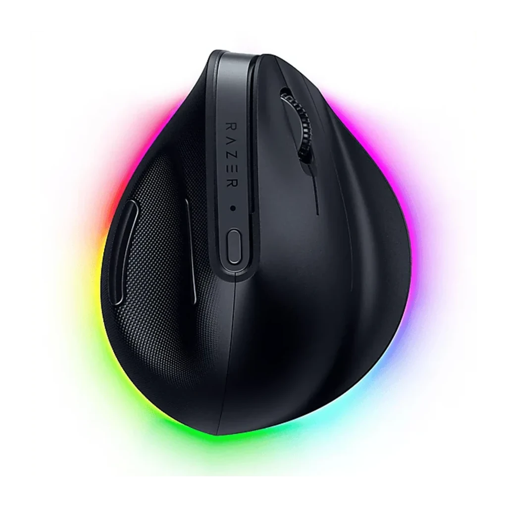 Razer Pro Click V2 Vertical Preto, vista lateral: design ergonómico vertical, roda de scroll e luz RGB na base - Item1