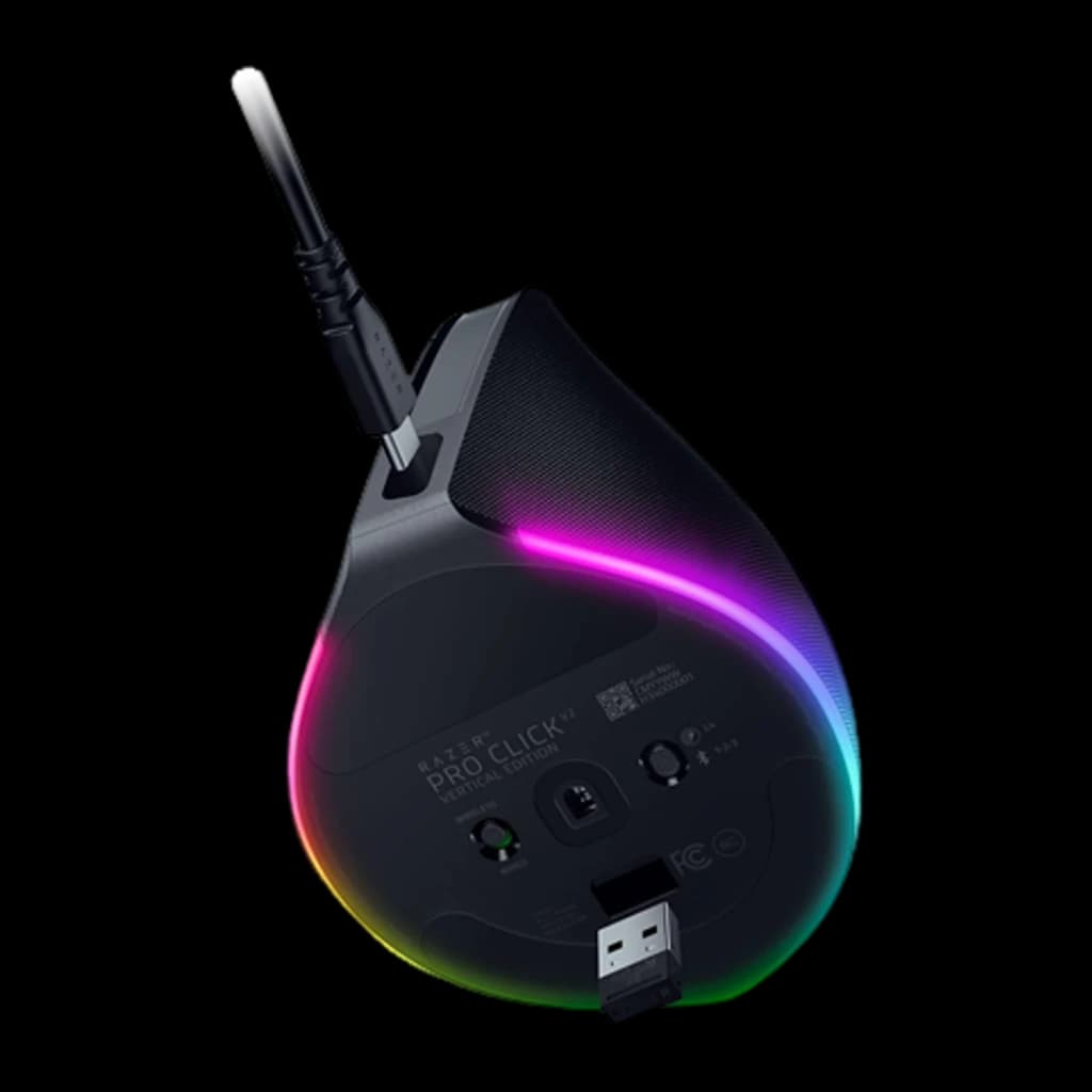 Razer Pro Click V2 Vertical Preto, vista inferior: base com sensor, receptor USB e iluminação RGB perimetral acesa