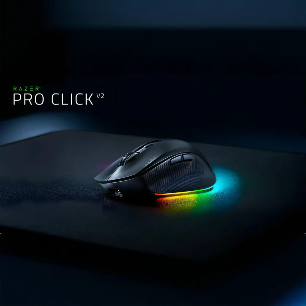 Razer Pro Click V2 Vertical Preto, vista lateral: design ergonómico vertical, roda de scroll e luz RGB na base - Item3