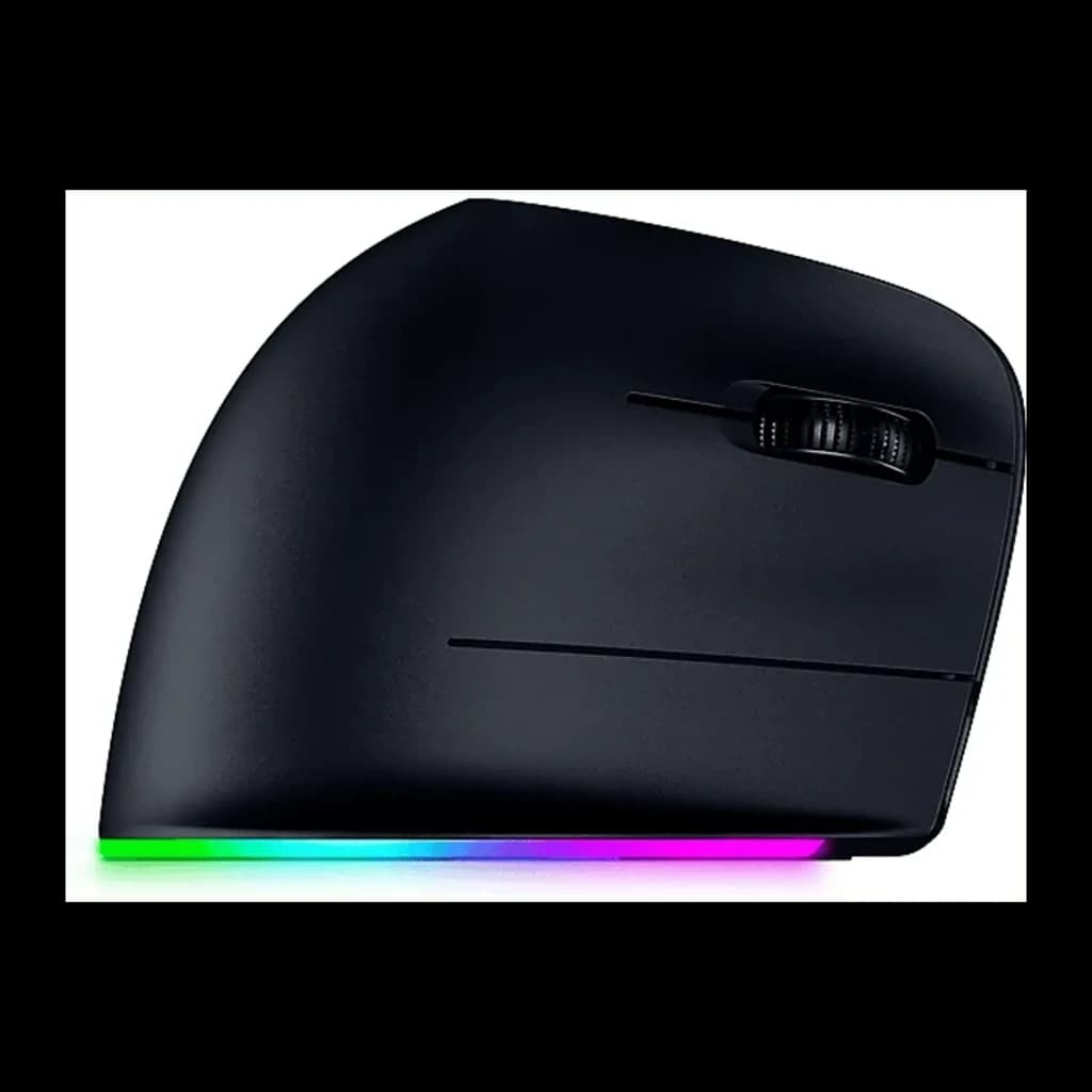 Razer Pro Click V2 Vertical Preto, vista lateral: perfil ergonómico vertical, roda de scroll e faixa RGB multicolor na base