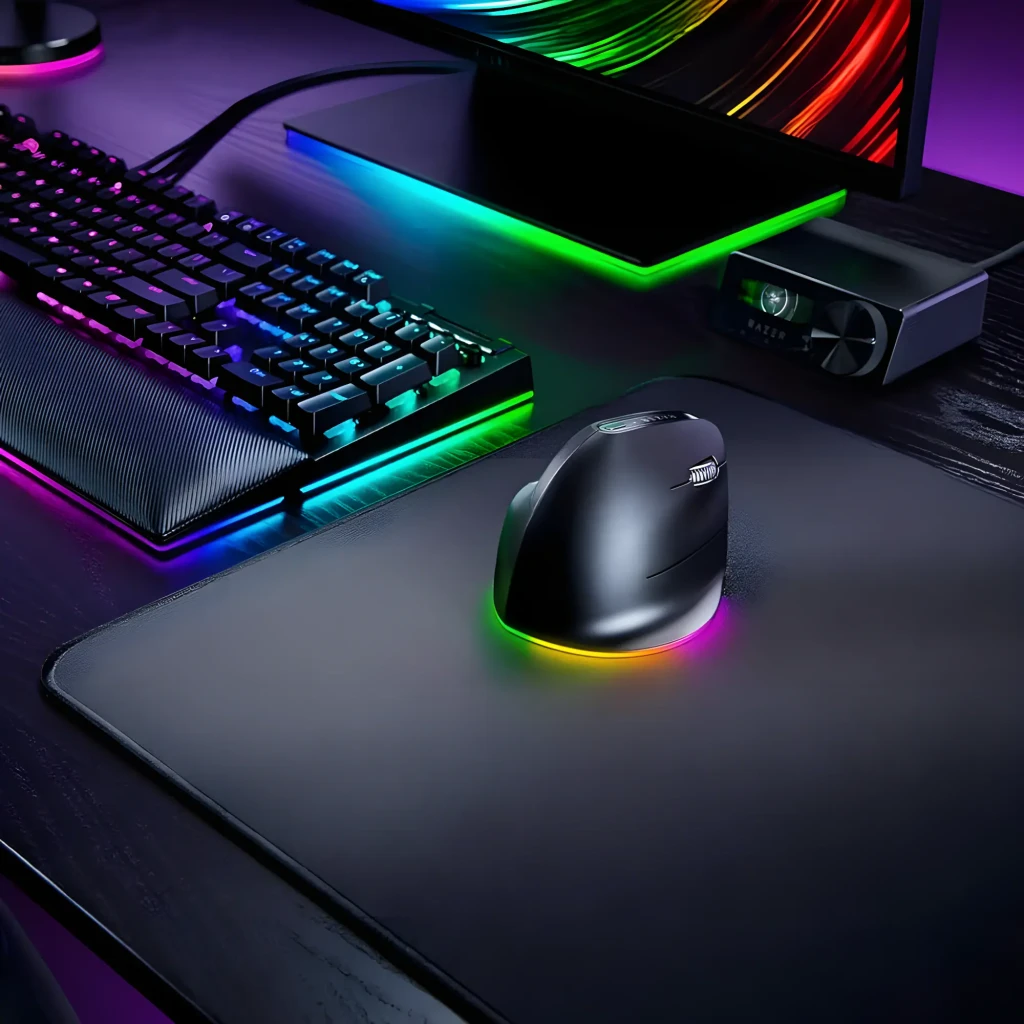 Razer Pro Click V2 Vertical Preto, vista lateral: design ergonómico vertical, roda de scroll e luz RGB na base - Item5