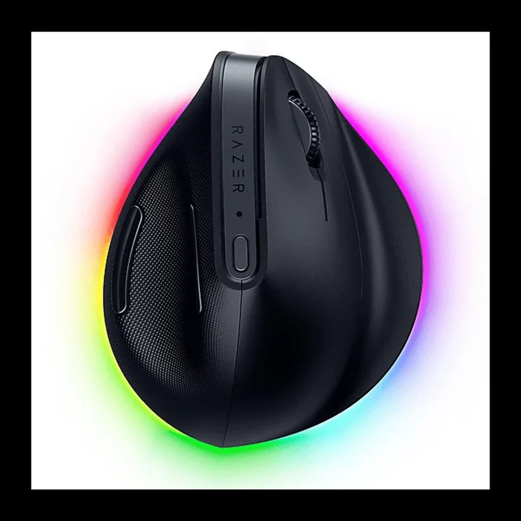 Razer Pro Click V2 Vertical Preto, vista lateral: perfil ergonómico vertical, logo Razer, roda e botão lateral com