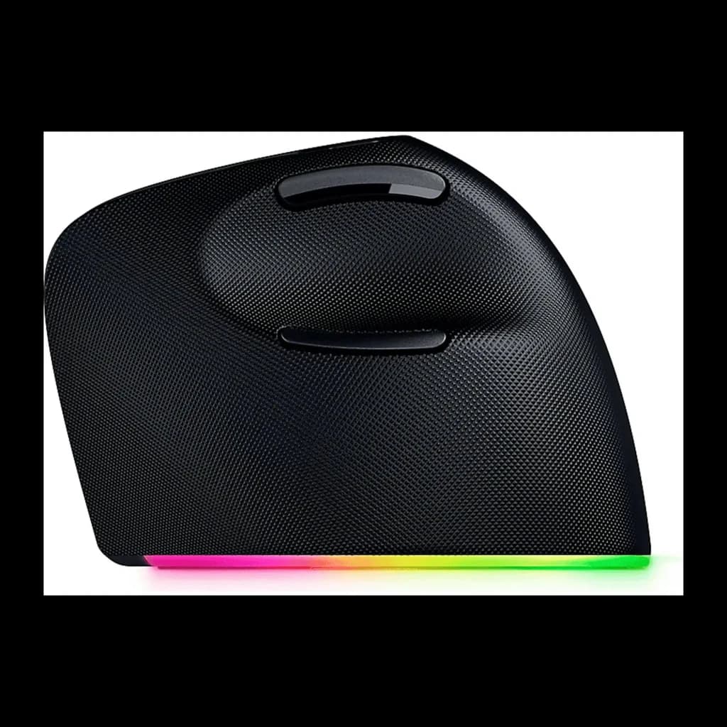 Razer Pro Click V2 Vertical preto, vista lateral: textura rugosa, botões laterais e luz RGB na base