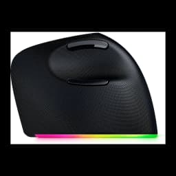 Razer Pro Click V2 Vertical preto, vista lateral: textura rugosa, botões laterais e luz RGB na base